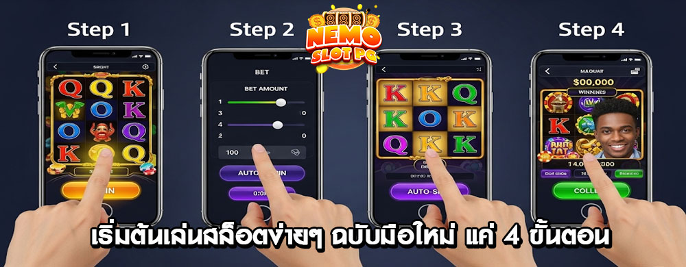 สร้างรูปวิธีการเล่นเกมส์สล็อต4ขั้นตอนง่ายๆ ในมือถือ แนวนอน